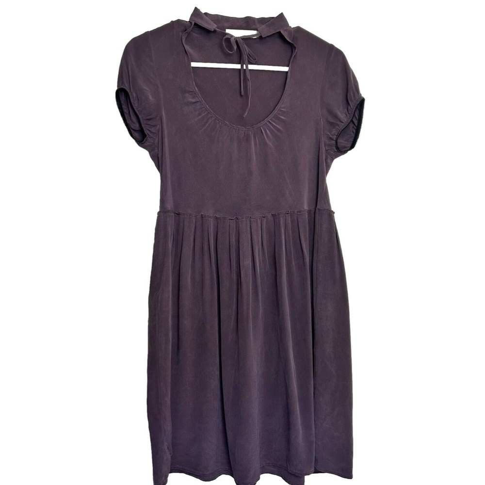 Jacqueline Conoir Purple 100% Silk Dress Midi Length Cutout Tie Up Chest Luxe